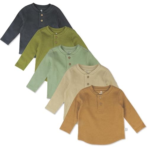 HonestBaby Boys' Baby Toddler & Kid Waffle Henley 100% Organic Long Sleeve Shirts (5-Pack) - Image 1