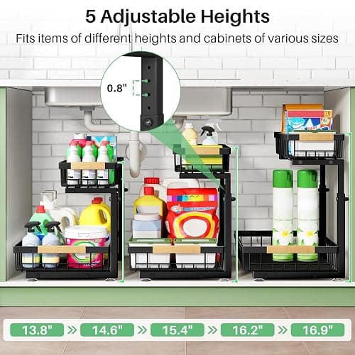 Kitstorack Under Sink Organizer, 2 Tier Under the Sink Storage, Slide out Pull out Cabinet Organizer Shelf, Metal Sliding Drawer for Kitchen Bathroom Pantry Closet Organization Rack, Black, 2 Pack thumbnail 7