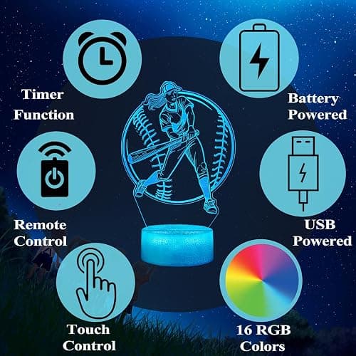 POSSHE Softball Night Light, Softball Gifts for Girls, 3D Illusion Lamp with Remote Control, 16 Colors Changing, RGB Flashing Mode and Dimmable, Softball Accessory Gifts for Girls Christmas Decor thumbnail 7