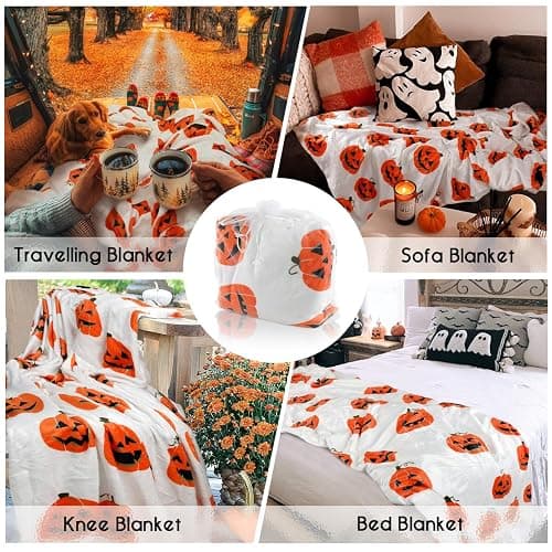 Yiyhuxf Halloween Pumpkin Face Blanket - Orange Flannel Fleece Throw for Home, Living Room, Bed, Chair Decor - 60"x50" thumbnail 2
