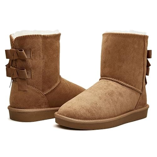 BlackTwig Women's Mid Calf Suede Winter Boots, Slip-On Snow Boots, Cozy Fur Lined, Back Bow Design - Image 1