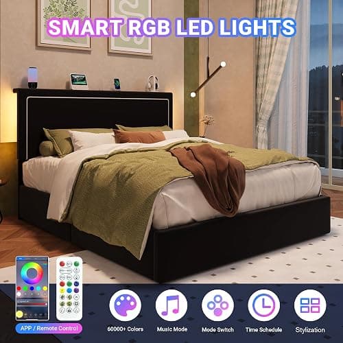 Allewie Full Lift Up Storage Bed Frame with Charging Station, Black | Enclosed Storage, USB & Type-C Charging, Smart LED Lights, Hydraulic Lift, Adjustable Headboard, Velvet Upholstery thumbnail 5
