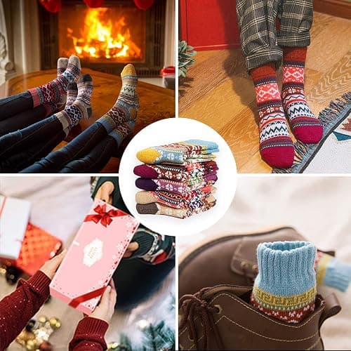 ICEIVY Womens Socks 5 Pairs Wool Warm Cotton Thick Vintage Casual Winter Cabin Crew Fuzzy Socks Gifts For Women thumbnail 6