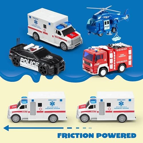 JOYIN 4 Packs Emergency Vehicle Toy Playsets, Friction Powered Vehicles with Light and Sound, Including Fire Truck, Ambulance, Play Police Car and Helicopter, Christmas Toddler Kids Boys Gifts thumbnail 9