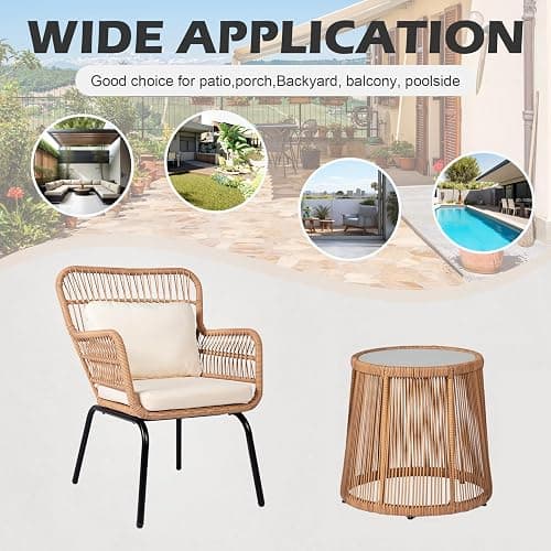HOMEZILLIONS 3 Piece Outdoor Wicker Furniture Bistro Set, Rattan Chairs Conversation Sets Wicker Patio Furniture for Balcony Poolside Backyard, Yellow/Beige thumbnail 7