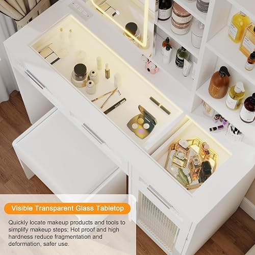Hadulcet White Vanity Desk with Mirror and Lights, 43" Makeup Vanity Desk with Glass Top, Power Outlets, 2 Drawers, 10 Shelves & Acrylic Cabinet, LED Vanity Table for Girls Women Gift thumbnail 3
