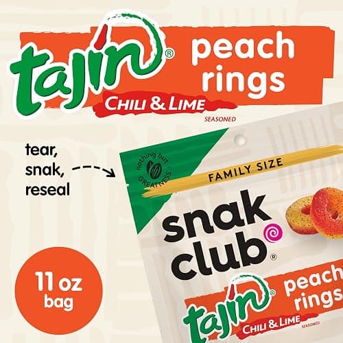 Snak Club Peach Rings, Tajin Chili & Lime Seasoned, Sweet and Spicy Gummy Candy, Mild in Heat Bold in Flavor, Low-Fat, Vegan, Gluten-Free Snack, Family Size, 11 Ounce thumbnail 3
