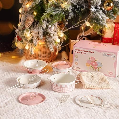 ROBUD Play Pots and Pans Sets for Kids Kitchen, Play Kitchen Accessories Pretend Cooking, Cartoon Pink Metal Pots and Pans Metal, Kids Kitchen Playset, Mini Toy Kitchen Accessories(9 Pieces) thumbnail 2