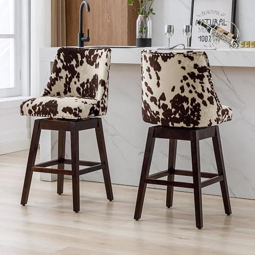 Janoray Counter Height Bar Stools Set of 2, Velvet Swivel Kitchen Stool Chairs with Back Mid Century Modern Barstool with Distressed Wood Legs for Dining Bar, Cow thumbnail 7