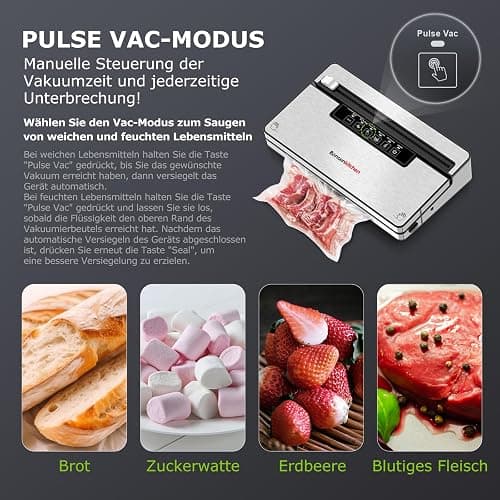 Bonsenkitchen Vakuumierer, 125W Vakuumiergerät mit 5 Modi, 8 L/Min | Globefish-Technologie für Kontinuierliches Arbeiten mit Hoher Geschwindigkeit, 5 Vakuumbeutel und 1 Rollbeutel thumbnail 6