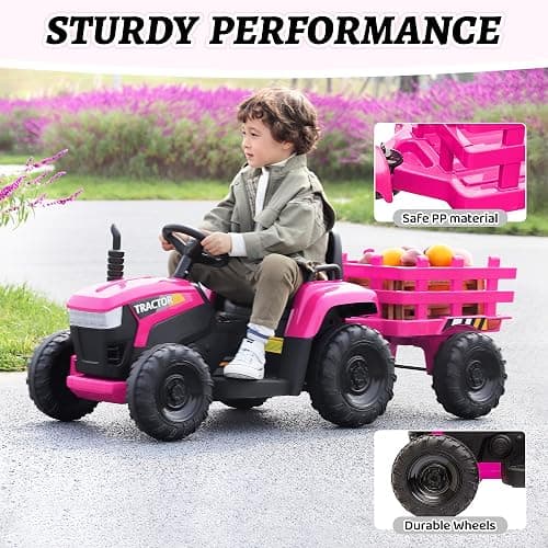 TOBBI Kids Electric Ride On Toy Tractor, Toddlers 12V Battery-Powered Car to Drive, 35W Dual Motor 6-Wheels Trailer Vehicle with 3-Speeds/LED & Horn Functions for Chirdren Aged 3-8-Pink thumbnail 3