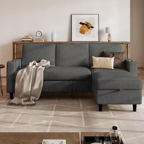 POYISOU Convertible Sectional Couches for Living Room, 3 Seats L Shaped Sofa with Storage Ottoman and 2 Cup Holders, Modern Corduroy Couch Small Sofas for Small Space Apartment Office, Dark Grey - Image 1
