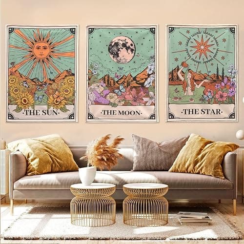 Aipon Tarot Tapestry Cute Tarot Card Tapestries 3 Pack Sun Moon Star Green Floral Flower Small Aesthetic Tapestry Wall Hanging for Bedroom Living Room Dorm (15'' × 20'') thumbnail 6
