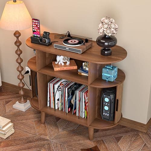 LUVIOHOME Large Round Record Player Stand with Charging Station & USB Ports，Record Storage Cabinet, Mid Century Modern Turntable Stand for Bedroom Living Room (Small Brown) thumbnail 7