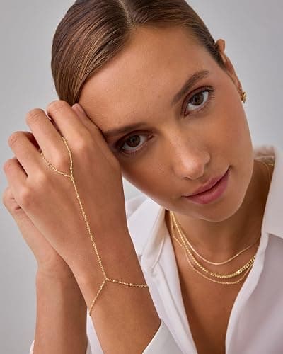 PAVOI 14K Gold Plated Hand Chains for Women - Adjustable Hand Chain Bracelet and Ring - Trendy Gold Handchain Bracelet Stack Summer Jewelry - Beads, Pearl, and Cubic Zirconia Body Jewelry thumbnail 3