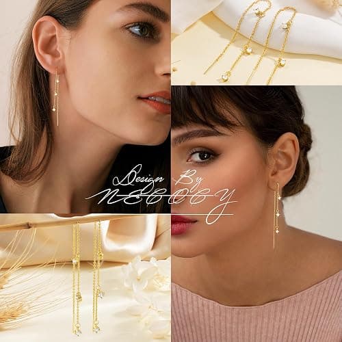 NECOCY Christmas Gift 14K Gold/Silver Plated Dangle Earrings for Women Dainty Long Hanging Chain Earrings Trendy Dangling CZ/Pearl Threader Earrings for Women Jewelry thumbnail 6