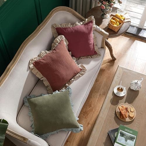 patdrea Vintage Red Linen Throw Pillow Covers,Set of 2,18"x18"-Kubum | Decorative Pillow Cover for Couch Living Room Bedroom Sofa,Rustic Farmhouse Design,Solid Pillow Case with Ruffled thumbnail 9