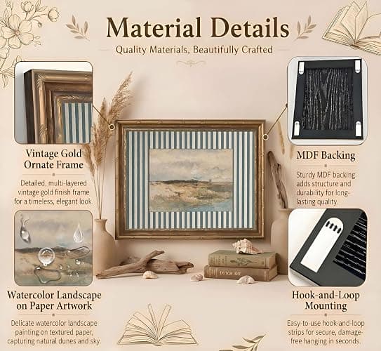 Vintage Gold Framed Beach Landscape Canvas Wall Art Blue Striped Mat Grass Lake Wall Decor Picture Rustic Scenery Painting Print Poster for Living Room Bedroom Bathroom Home Decoration thumbnail 4
