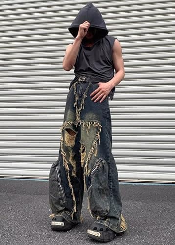 Y2k Retro Niche Baggy deconstruction Tassel Ripped Jeans Men's and Women's Large Pocket Design Sense Work Pants thumbnail 5