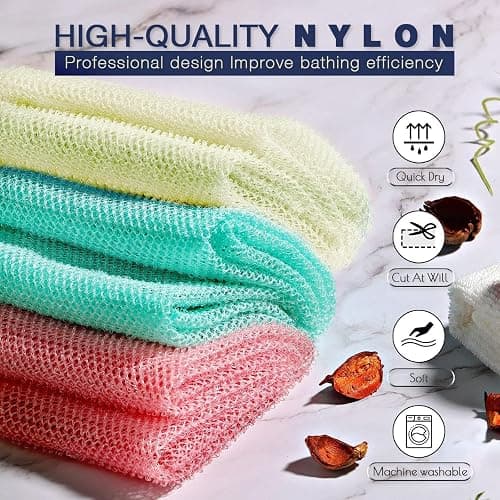 UJFQBH 3 Pieces African Net Sponge, African exfoliating net African Net Long Net Bath Sponge Exfoliating Shower Body Scrubber Back Scrubber Skin Smoother（Pink, Green, Off-White） thumbnail 4