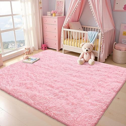 OLANLY Area Rugs for Living Room Bedroom, Machine Washable 4x5.9 ft Soft Fluffy Shaggy Bedside Rug, Indoor Floor Carpet for Kids Girls and Boys, Dorms, Nursery Rooms, Home Decor Aesthetic, Pink - Image 1