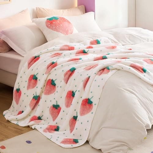 Bedsure Cute Strawberry Decor Throw Blanket Pink for Kids - Soft Fleece Throw Home Decor for Girls Women Teens as Birthday, GentleSoft Cozy Fruit Pattern Blankets for Couch Bed, 50x60 thumbnail 2