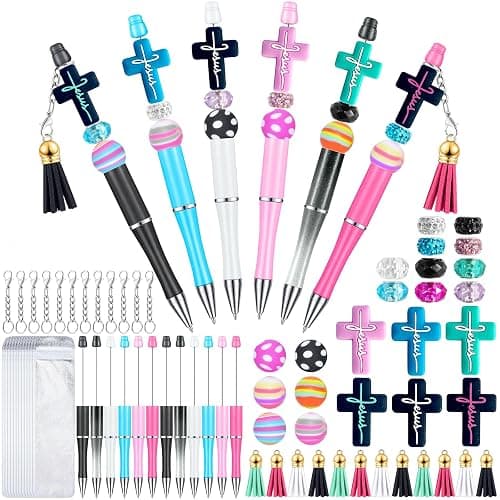 SytuHete 12 Pieces Beadable Pens Bulk with Colorful Silicone Beads for DIY Pen Making Kit Smooth Writing Beaded Pen for Women Kids Students Office School(Jesus) - Image 1