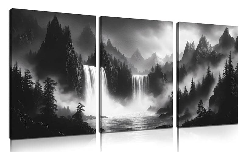 CIRABKY Foggy Forest Wall Art for Living Room - Mountains Canvas Wall Art for Office - Black and White 3 Piece Wall Decor Size 12" x 16" - Image 1