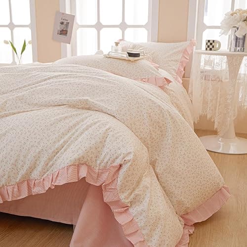 Pink Floral Duvet Cover Full 100% Cotton Ruffle Duvet Cover Girls Princess Lace Bedding Set Botanical Flower Comforter Cover with Zipper Closure Vintage Country Bedding Cottagecore Duvet Cover Set thumbnail 3