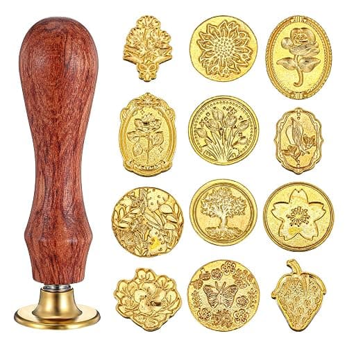 Wax Seal Stamp Kit,12pcs Sealing Wax Stamp Heads Flower Classical Wax Sealing Stamp Crafts Wax Seal Stamp with a Wooden Handle for Invitation Envelopes Letters - Image 1