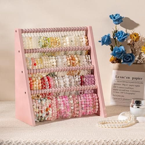 Bellaownia 4 Tier Bracelet Holder Stand with 100 Hooks, Wooden Bracelet Display Organizer Rack for Jewelry, Home, Vendors and Store Display (Pink) thumbnail 2