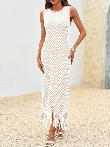 Wenrine Womens Summer Crochet Knit Dress Casual Striped Tassel Sleeveless Boho Maxi Dresses - Apricot - Small thumbnail 2