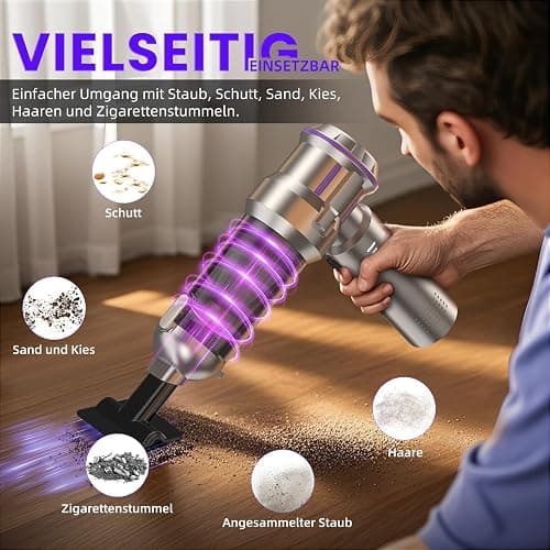 Handstaubsauger, 22000Pa 4-in-1 Handstaubsauger Akku Kabellos mit 1-Knopf-Selbstentleerung, Bürstenloser Motor Mini Staubsauger, 3 Stufen Saugstärke, Auto Staubsauger für Haus/Auto/Tierhaar, Silber thumbnail 6