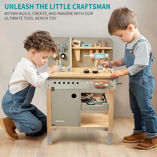 Kids Tool Bench,Wooden Play Tools Set with Kids Tool Belt Toddlers Workbench Pretend Construction Tools Set Wooden Toy Drill Gift for Boys & Girls Age 3-5 thumbnail 6