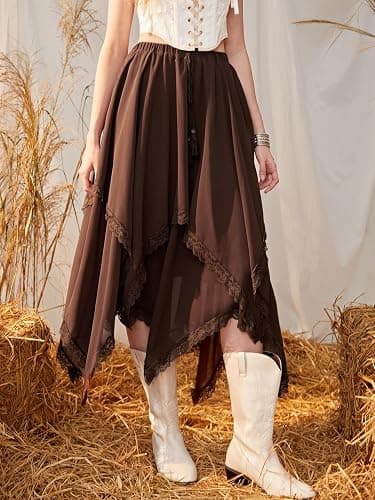 Verdusa Women's Y2k Goth Skirts Western Boho Lace Trim Asymmetrical Country Flowy Long Skirt thumbnail 3