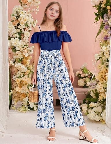 oklady Girls' Jumpsuits Belted Ruffle Top High-waisted Wide Leg Pleated Pants One Piece Outfit 6-14 Y thumbnail 2