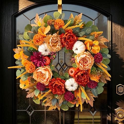 24 Inch Fall Wreaths for Front Door with Orange Peony and Burgundy Dahlias | Artificial Silk Autumn Wreath with Realistic White Pumpkin,Rustic Farmhouse Thanksgiving Halloween Decorations for Porch Wall thumbnail 6