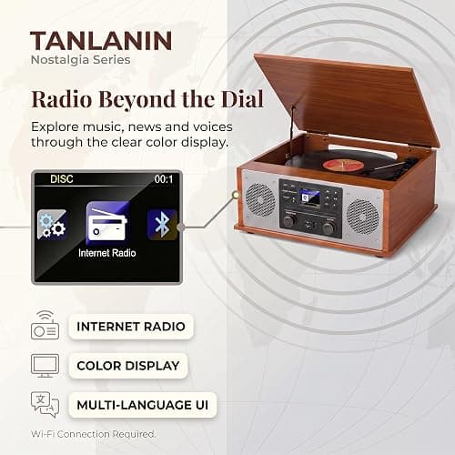 10 in 1 Bluetooth Record Player All-in-One Multimedia Center | Stereo Speakers, CD Player, Internet Radio, 3-Speed Turntable, Clock, Alarm, USB Recording, RCA Out, LCD Display, Red Wood thumbnail 5