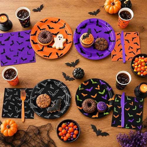 Halloween Plates and Cups Napkins, Spooky Halloween Black Bat Tableware | 144Pcs Halloween Party Plates and Napkins, Halloween Decorations Bat Tableware Set for Birthday Holiday Decor Party Supplies thumbnail 2