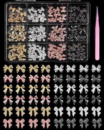 120 Pcs Alloy Bow Nail Charms and Gems, Silver Gold Black Bowknot Metal Nail Art Charms, Shiny Luxury Cute Bow Nail Jewelry for Nails Design Manicure Accessories - Image 1