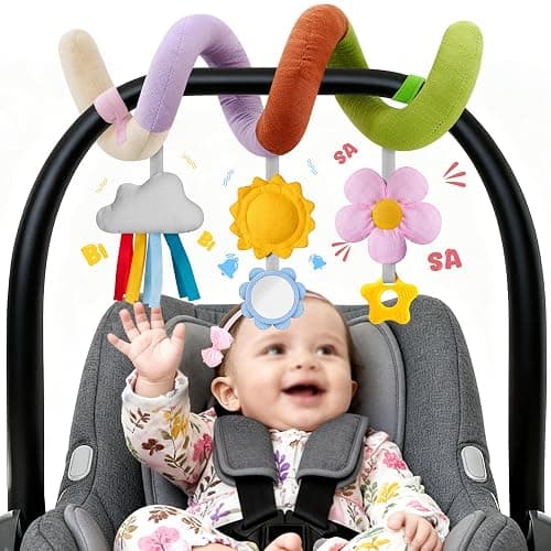 Stuffed Christmas Spiral Baby Car Seat Toys, Best Newborn Shower Gifts, Soft Infant Essentials Must Have Hanging Toys (Vibrant Nature) - Image 1