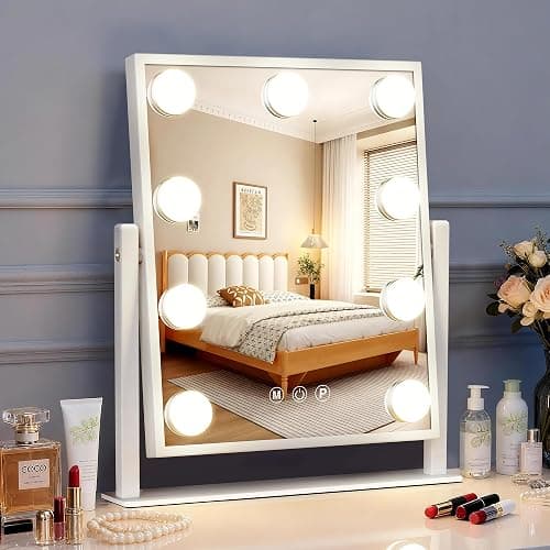 Makeup mirror with lights,Hollywood Vanity Mirror with 9 LED Bulbs,12" x 13.2" Plug in Makeup Mirror for Desk,Smart Touch Control 3Colors Dimmable, light up mirror for makeup,Bedroom,Tabletop,White - Image 1
