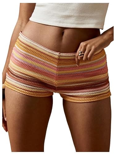 SOLY HUX Women's Knit Striped Micro Shorts Y2k Crochet Beach Mini Shorts | Cover Up Shorts, Color Block, Elastic Waist, Low Rise, Cute, Summer, Festival - Image 1