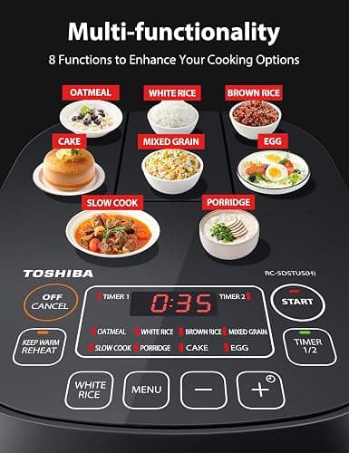 TOSHIBA Rice Cooker Small 3-Cup Uncooked– LCD Display with 8 Cooking Functions: Rice, Oatmeal, Mixed Grains and More, NonStick Inner Pot, Grey thumbnail 3