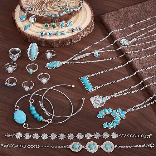 MEDOJO 26 Pcs Boho Jewelry Set for Women Bohemian Layered Western Necklace Stackable Turquoise Ring Turquoise Hoop Dangle Earrings Studs thumbnail 3