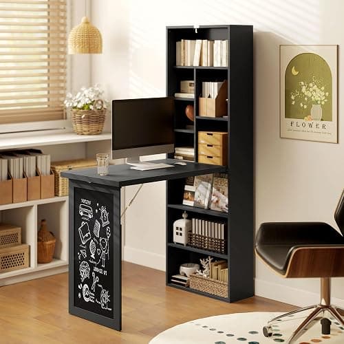 HOMCOM Fold-Out Convertible Writing Table, Computer Desk with Blackboard and Side Shelf Multi-Function Home Office Workstation, Black thumbnail 8