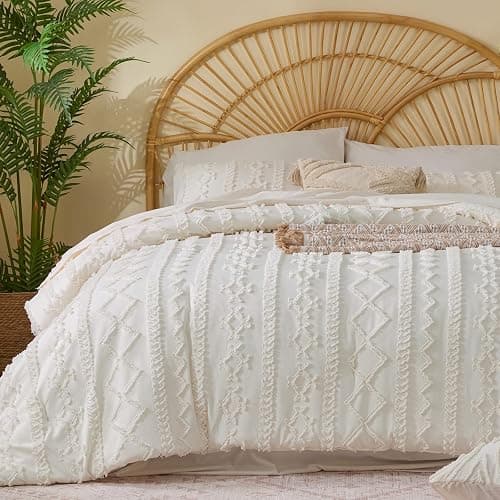 BEDELITE Queen Comforter Set 7 Pieces Cream White - Tufted Boho Bed in a Bag,Farmhouse-Style Embroidery Bedding for All Seasons,Soft Comforter with Sheets, Pillowcases & Shams - Image 1