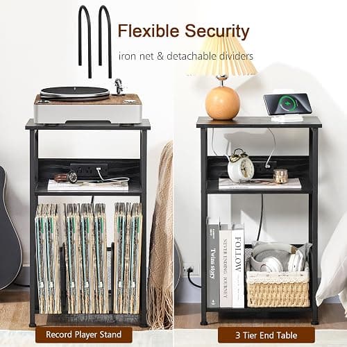 AMHANCIBLE Record Player Stand with Charging Station, Turntable Stand with Storage Cabinet, 3 Tier End Table Hold Up to 100 Albums, Record Stand for Vinyl, Living Room, Black, HETCD01BK-1 thumbnail 6