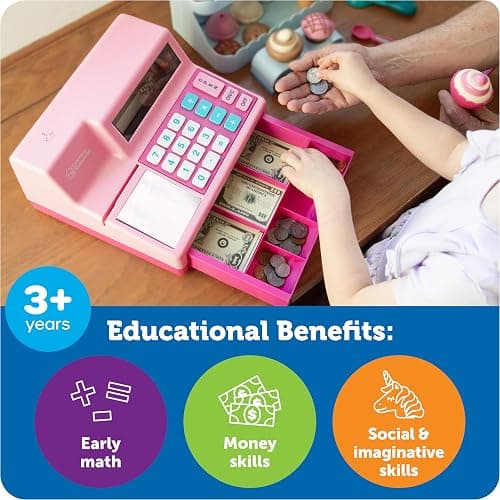 Learning Resources Pretend and Play Calculator Cash Register Pink - Money for Kids, Math Games, Playstore Grocery Store, Fine Motor Skills, Preschool Activities, Toddler Plastic Coins thumbnail 4