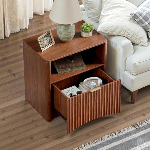 Evermagin Fluted Nightstand Set of 2, Walnut Bedside Table with Drawer and Storage, Wood End Table Mid Century Modern, Large Night Stand for Bedroom thumbnail 7